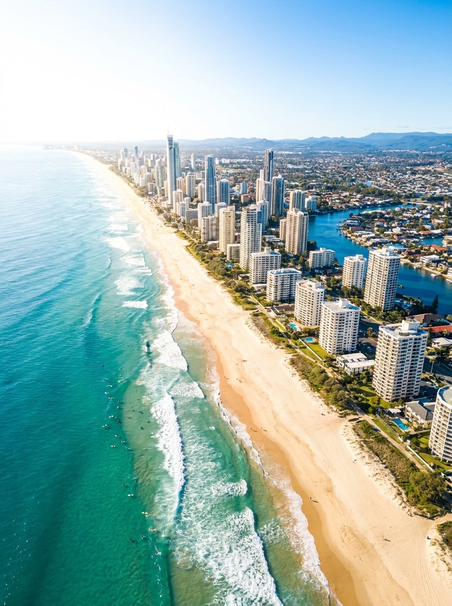Aerial view of the Gold Coast beaches and skyline