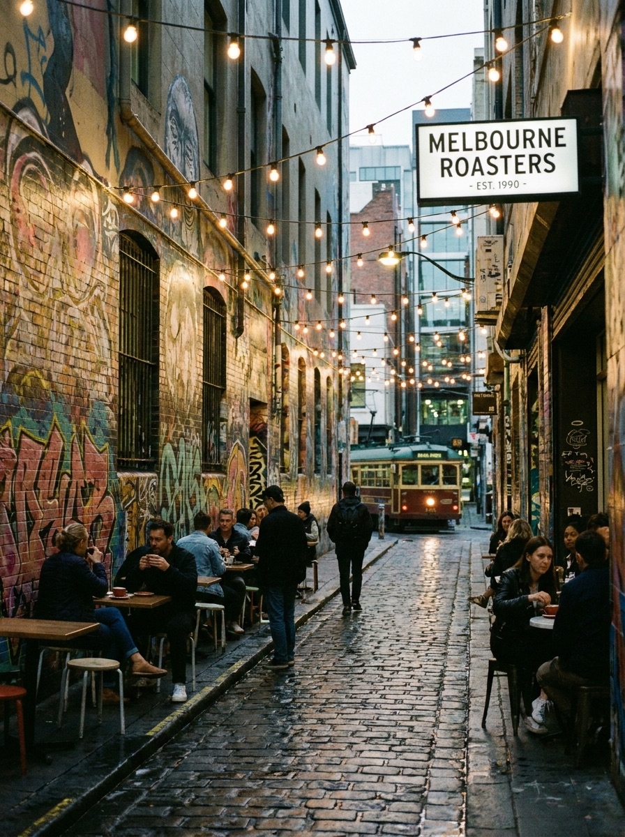 A Melbourne laneway with cafés and a tram