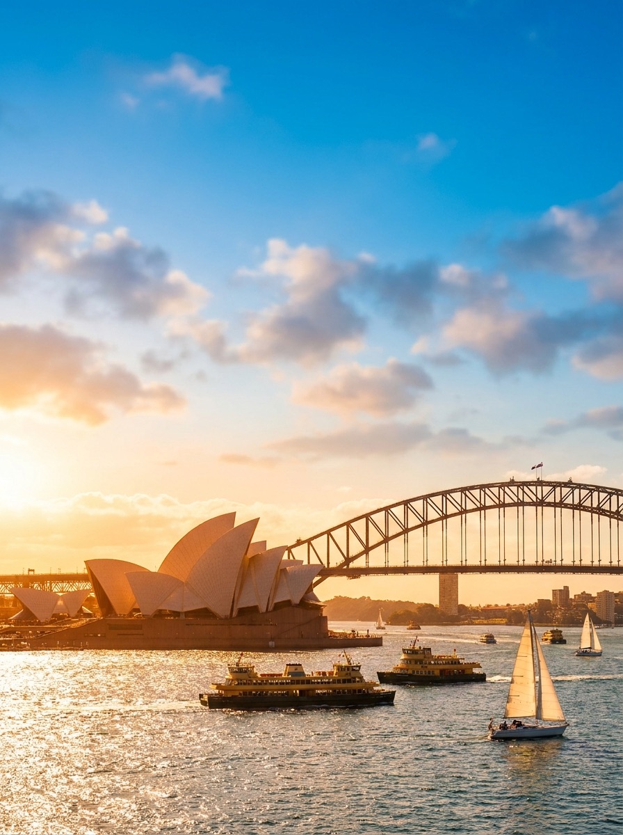 Sydney Harbour, the Opera House and Harbour Bridge at golden hour
