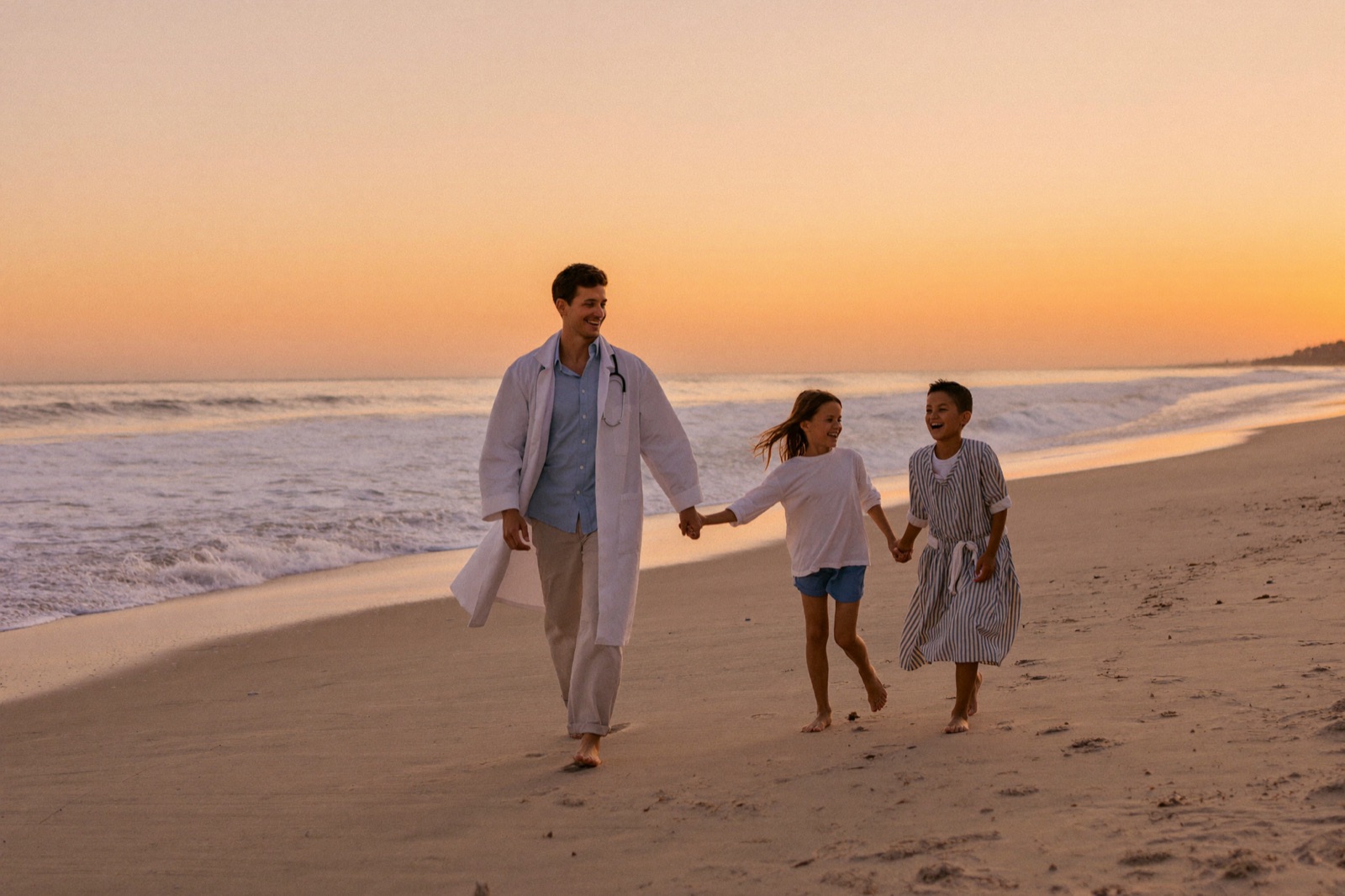 A doctor and their family on an Australian beach at sunset