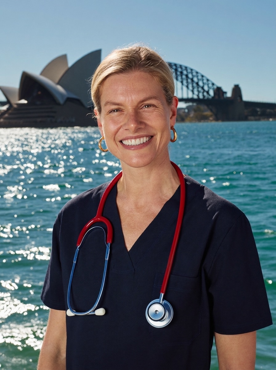 A female GP standing at Sydney Harbour